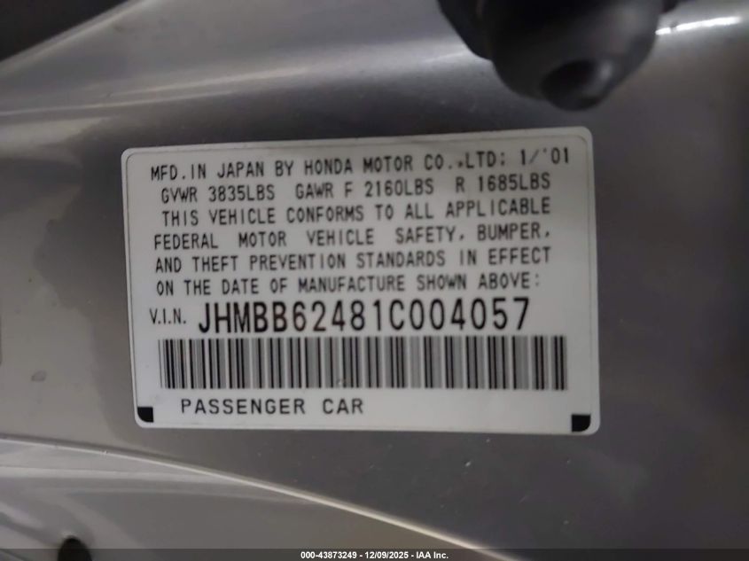 JHMBB62481C004057 2001 HONDA PRELUDE photo no. 9