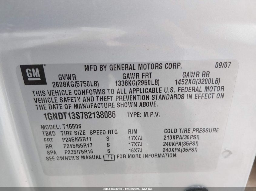 2008 Chevrolet Trailblazer Fleet VIN: 1GNDT13S782138086 Lot: 43873250