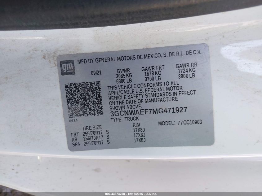 2021 Chevrolet Silverado 1500 2Wd Long Bed Wt VIN: 3GCNWAEF7MG471927 Lot: 43873258