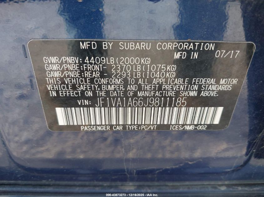 2018 Subaru Wrx VIN: JF1VA1A66J9811185 Lot: 43873273