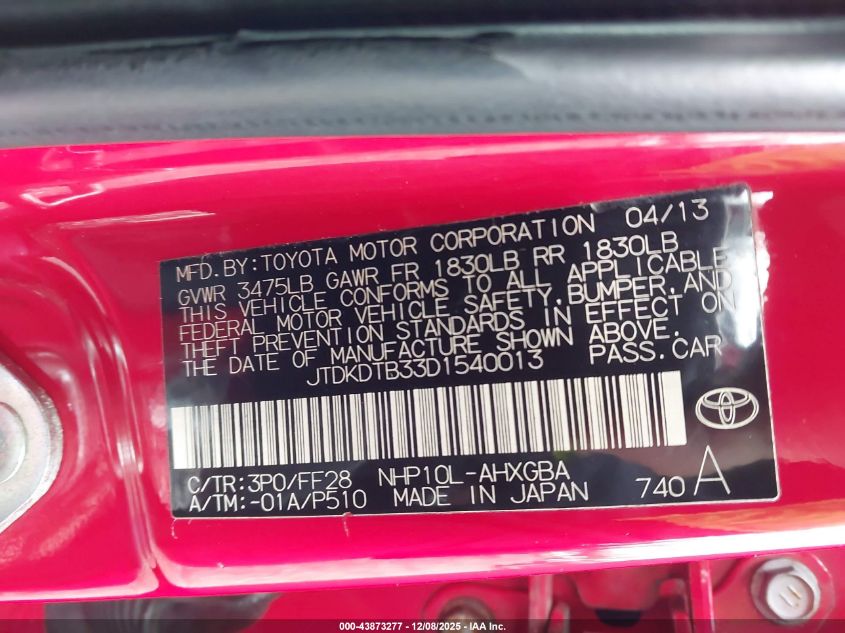 2013 Toyota Prius C Three VIN: JTDKDTB33D1540013 Lot: 43873277