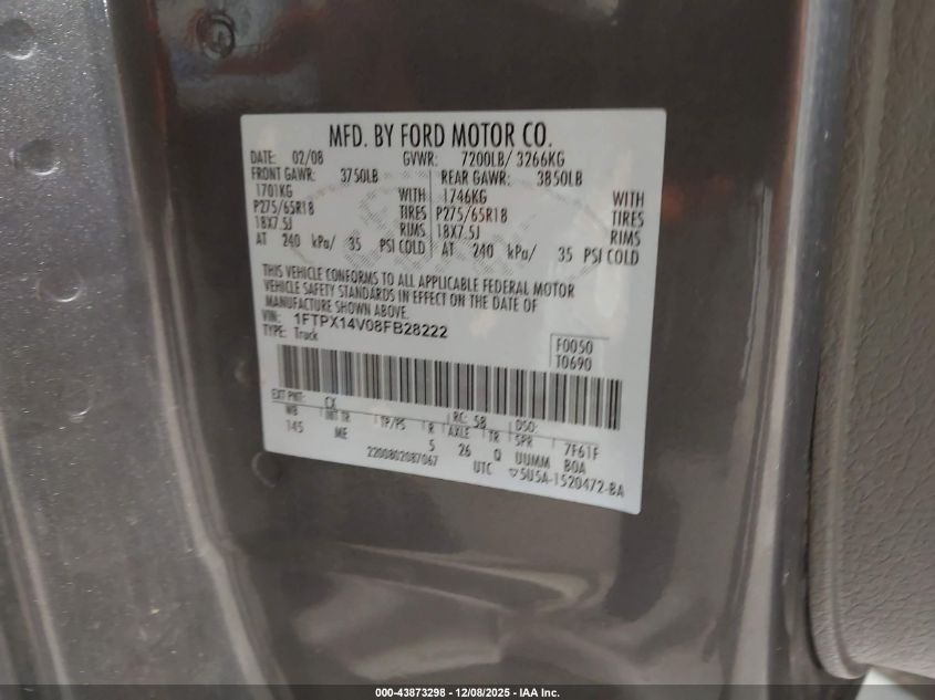 2008 Ford F-150 Fx4/Lariat/Xl/Xlt VIN: 1FTPX14V08FB28222 Lot: 43873298