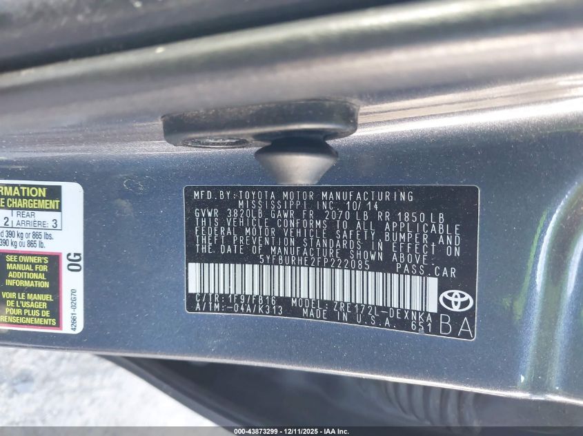 2015 Toyota Corolla Le Plus VIN: 5YFBURHE2FP222085 Lot: 43873299