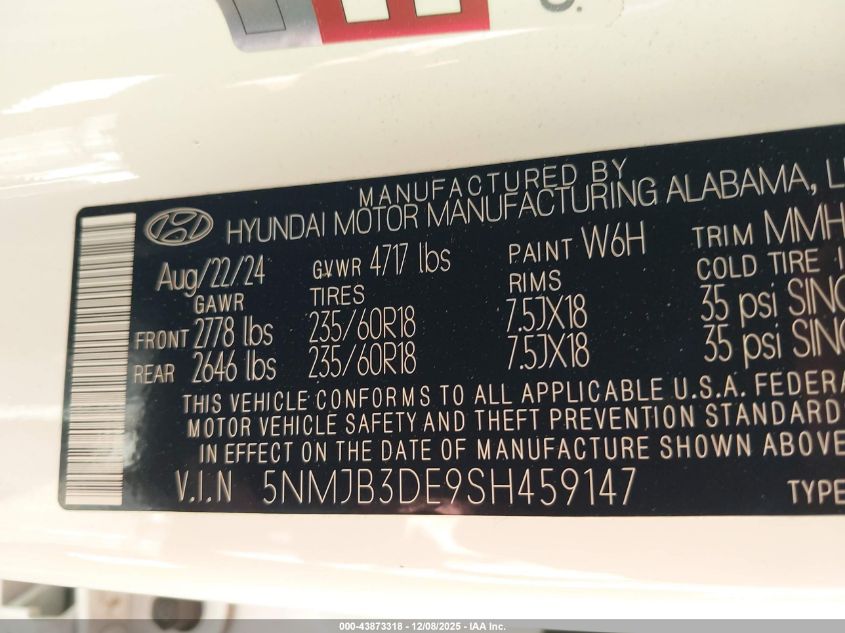 2025 Hyundai Tucson Sel VIN: 5NMJB3DE9SH459147 Lot: 43873318