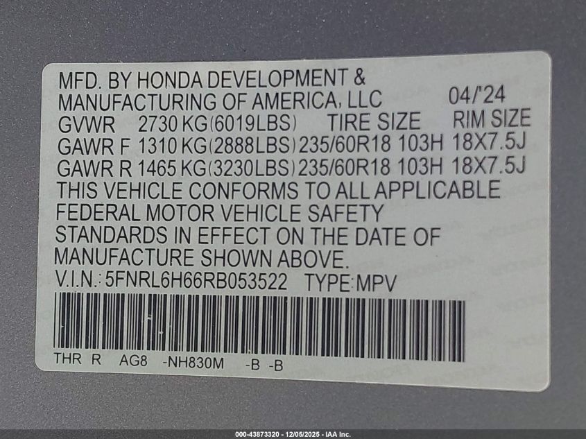 2024 Honda Odyssey Ex-L VIN: 5FNRL6H66RB053522 Lot: 43873320