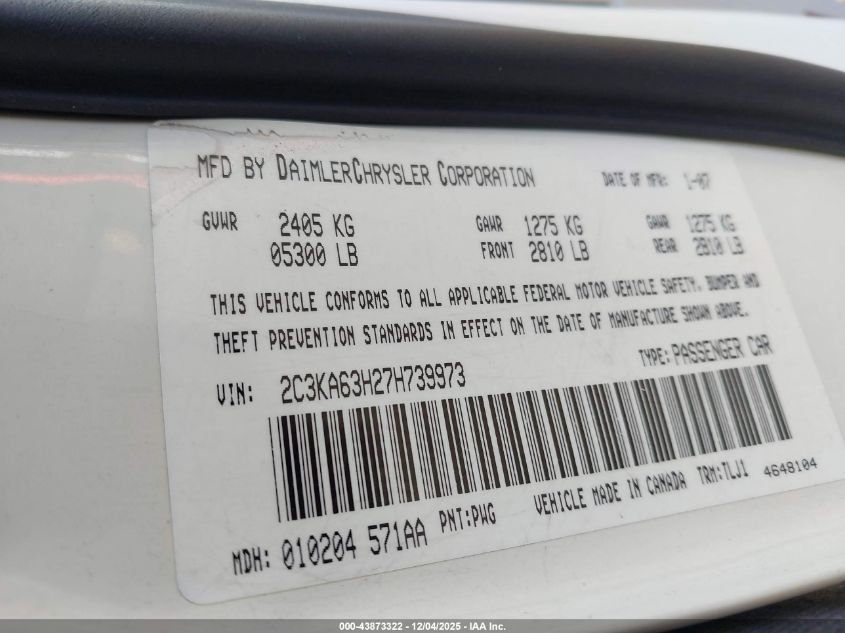 2007 Chrysler 300C VIN: 2C3KA63H27H739973 Lot: 43873322