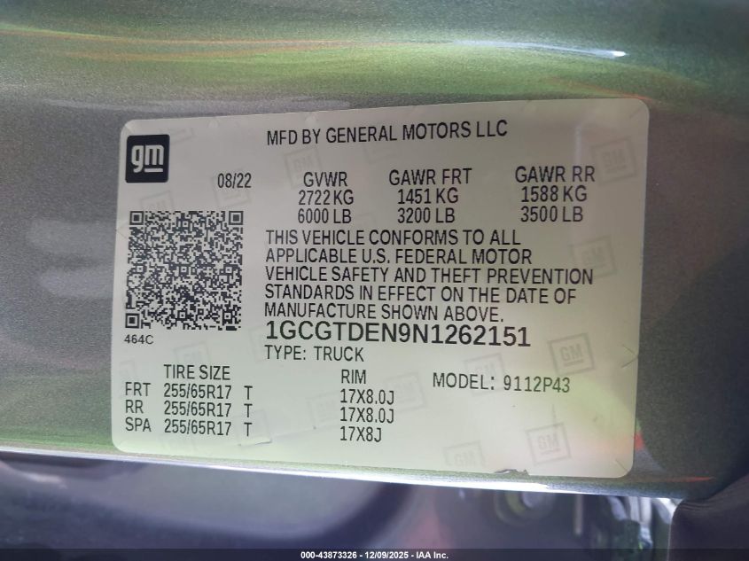 2022 Chevrolet Colorado 4Wd Short Box Z71 VIN: 1GCGTDEN9N1262151 Lot: 43873326