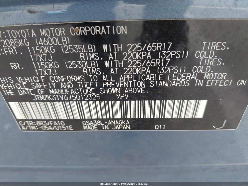 2007 Toyota Rav4 Limited V6 VIN: JTMZK31V675012325 Lot: 43873328