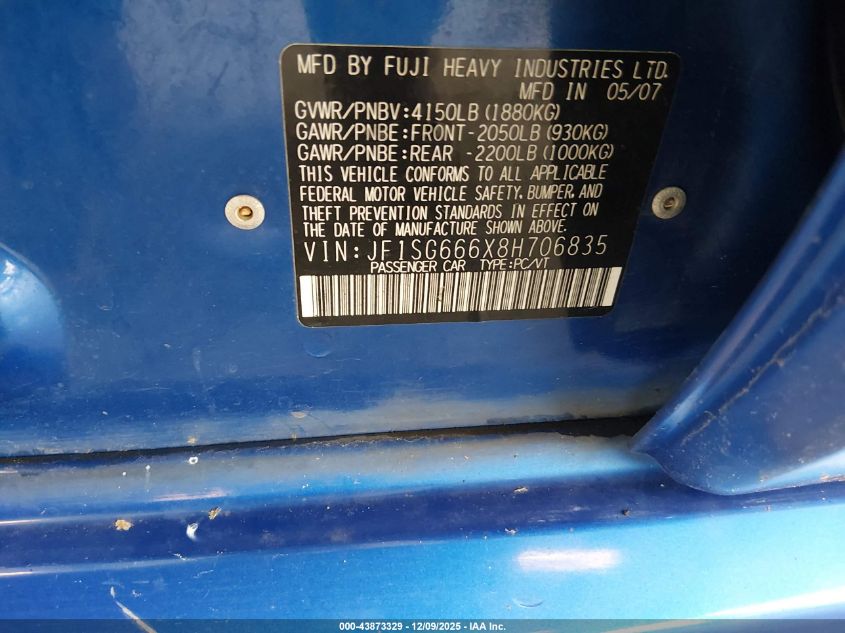 2008 Subaru Forester Sports 2.5X VIN: JF1SG666X8H706835 Lot: 43873329