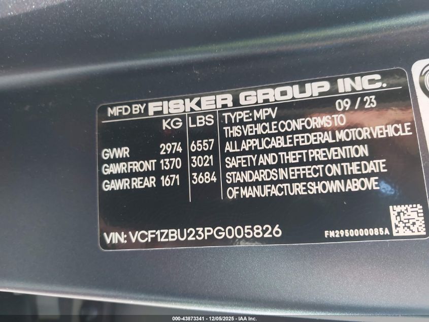 2023 Fisker Ocean One VIN: VCF1ZBU23PG005826 Lot: 43873341