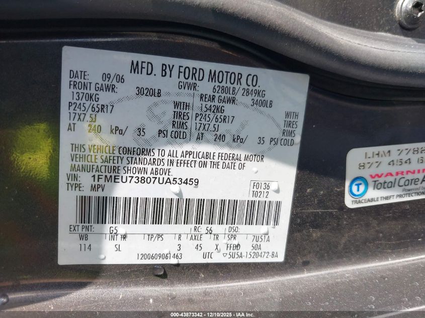 2007 Ford Explorer Xlt VIN: 1FMEU73807UA53459 Lot: 43873342