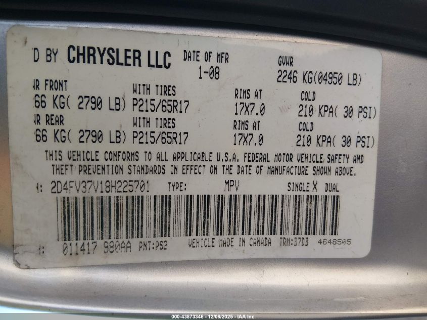 2008 Dodge Magnum Sxt VIN: 2D4FV37V18H225701 Lot: 43873346