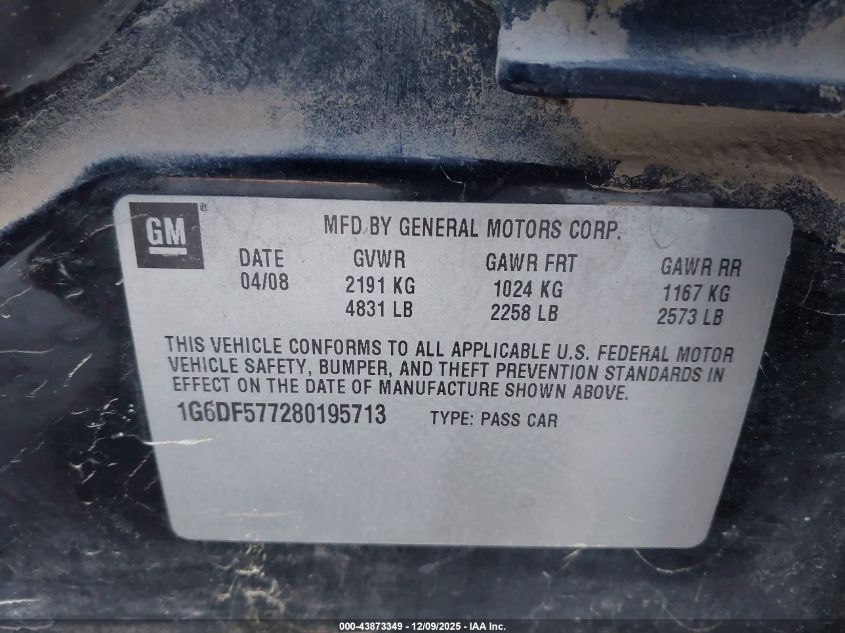 2008 Cadillac Cts Standard VIN: 1G6DF577280195713 Lot: 43873349
