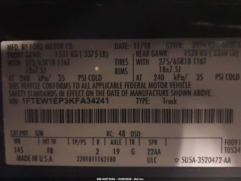 2019 Ford F-150 Xlt VIN: 1FTEW1EP3KFA34241 Lot: 43873354