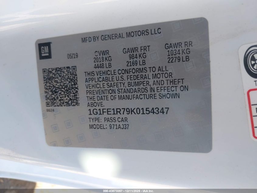 2019 Chevrolet Camaro 1Ss VIN: 1G1FE1R79K0154347 Lot: 43873357