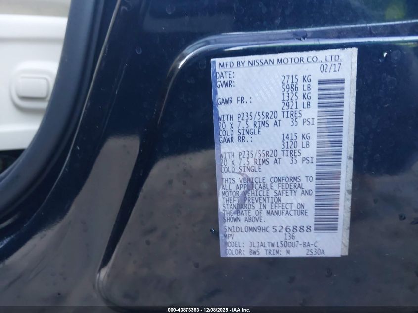 2017 Infiniti Qx60 VIN: 5N1DL0MN9HC526888 Lot: 43873363