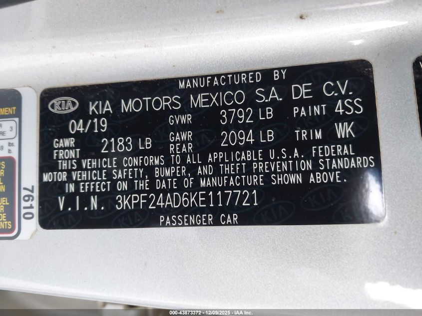 2019 Kia Forte Lxs VIN: 3KPF24AD6KE117721 Lot: 43873372