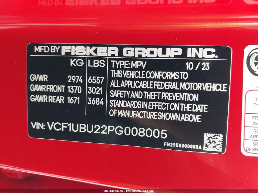 2023 Fisker Ocean Ultra VIN: VCF1UBU22PG008005 Lot: 43873376