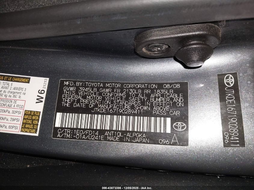 2009 Scion Tc VIN: JTKDE167190289411 Lot: 43873386