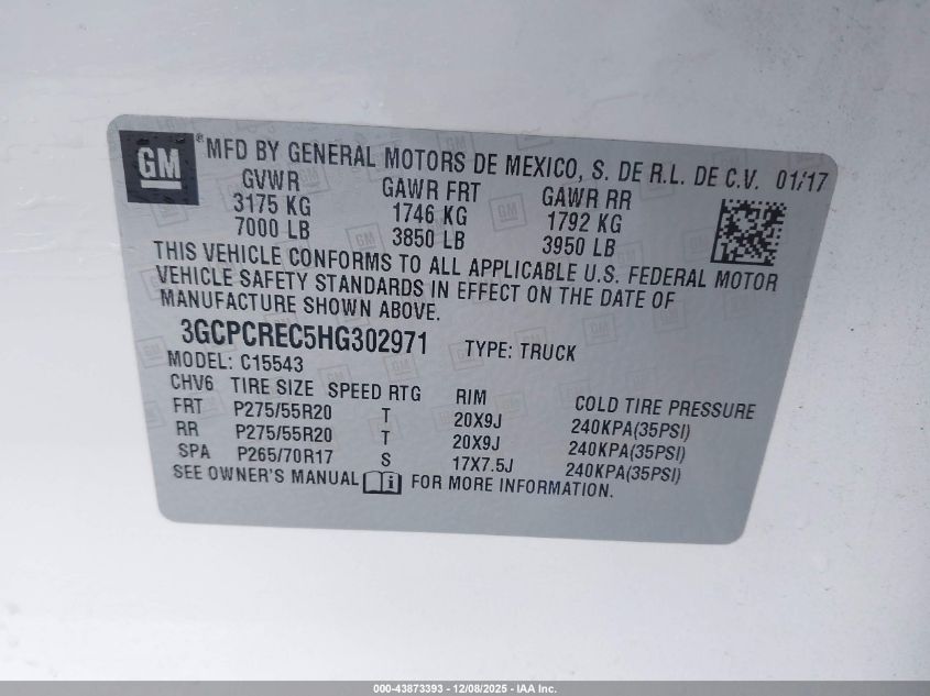 2017 Chevrolet Silverado 1500 1Lt VIN: 3GCPCREC5HG302971 Lot: 43873393