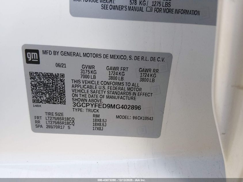 2021 Chevrolet Silverado 1500 4Wd Short Bed Lt Trail Boss VIN: 3GCPYFED9MG402896 Lot: 43873398