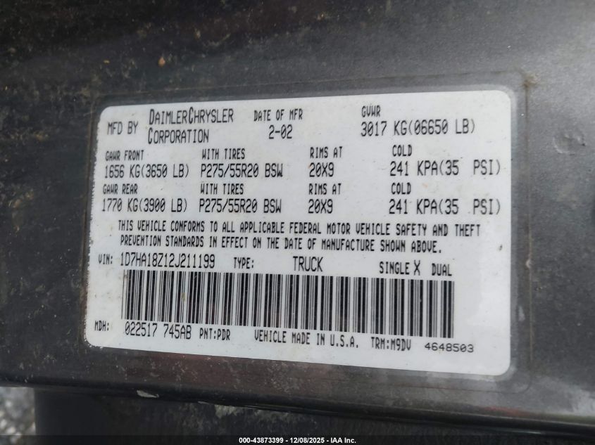 2002 Dodge Ram 1500 St VIN: 1D7HA18Z12J211199 Lot: 43873399