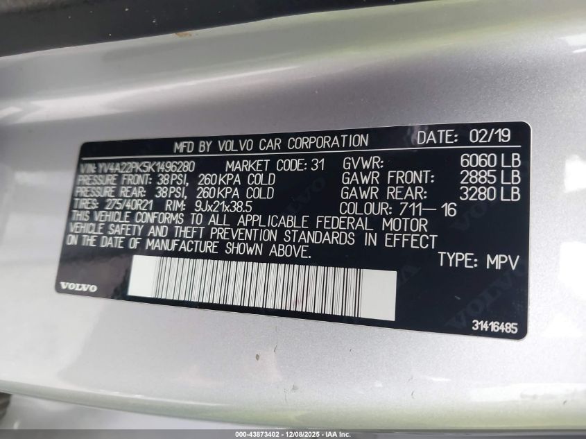 2019 Volvo Xc90 T6 Momentum VIN: YV4A22PK5K1496280 Lot: 43873402