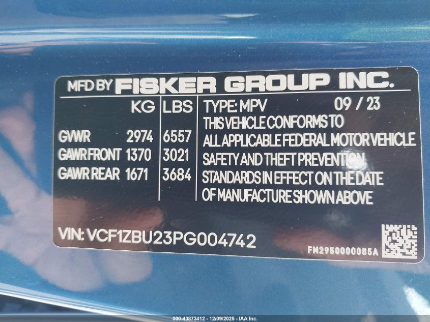 2023 Fisker Ocean One VIN: VCF1ZBU23PG004742 Lot: 43873412