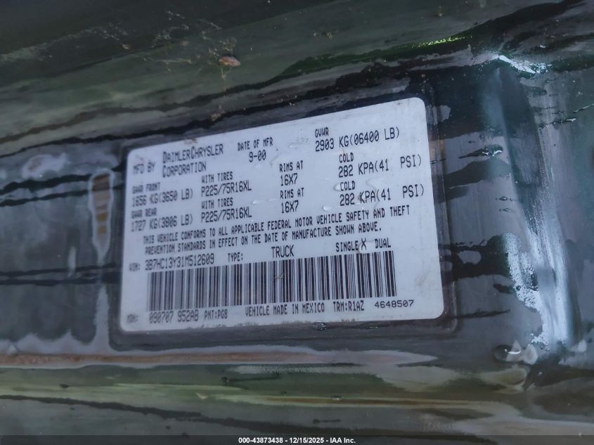 2001 Dodge Ram 1500 St VIN: 3B7HC13Y31M512609 Lot: 43873438