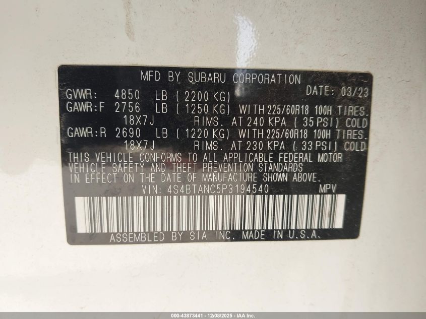 2023 Subaru Outback Limited VIN: 4S4BTANC5P3194540 Lot: 43873441