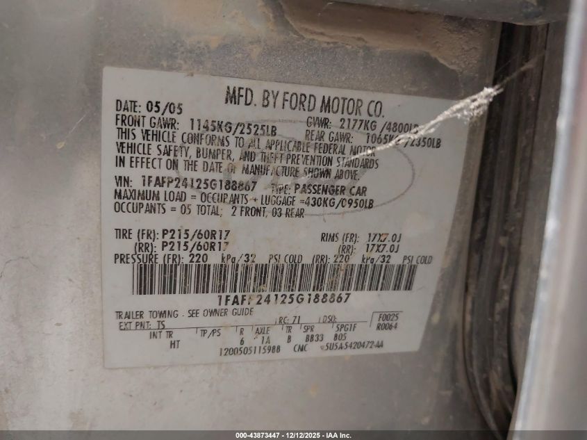 2005 Ford Five Hundred Sel VIN: 1FAFP24125G188867 Lot: 43873447