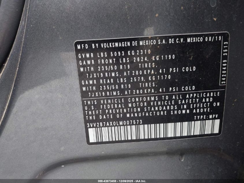 2020 Volkswagen Tiguan 2.0T Se/2.0T Se R-Line Black/2.0T Sel VIN: 3VV2B7AX0LM007573 Lot: 43873458