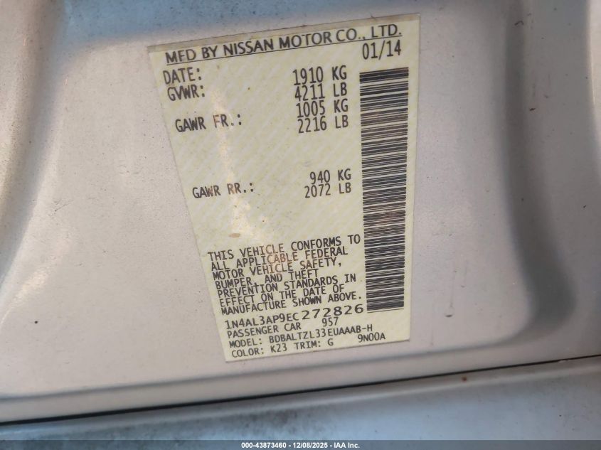 2014 Nissan Altima 2.5 Sv VIN: 1N4AL3AP9EC272826 Lot: 43873460