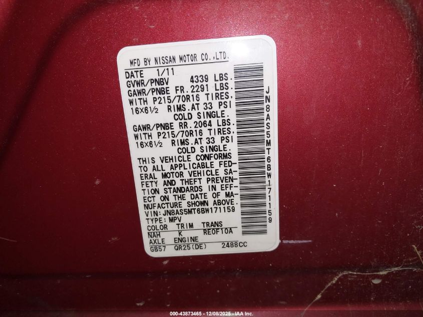 2011 Nissan Rogue S VIN: JN8AS5MT6BW171159 Lot: 43873465