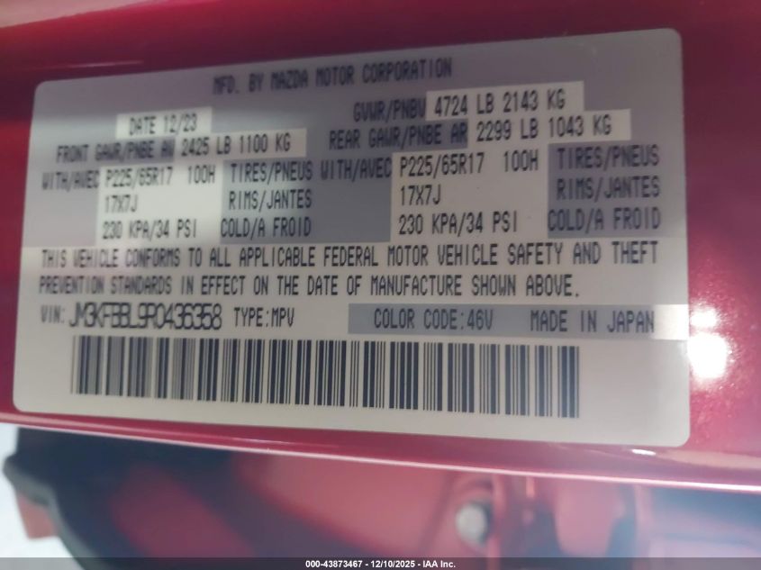 2024 Mazda Cx-5 2.5 S Select VIN: JM3KFBBL9R0436358 Lot: 43873467