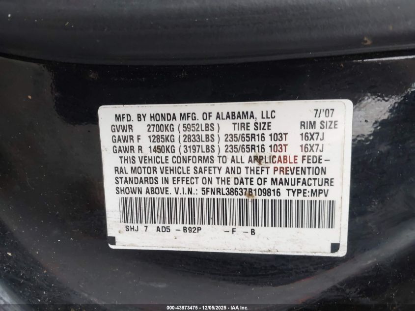 2007 Honda Odyssey Ex-L VIN: 5FNRL38637B109816 Lot: 43873475