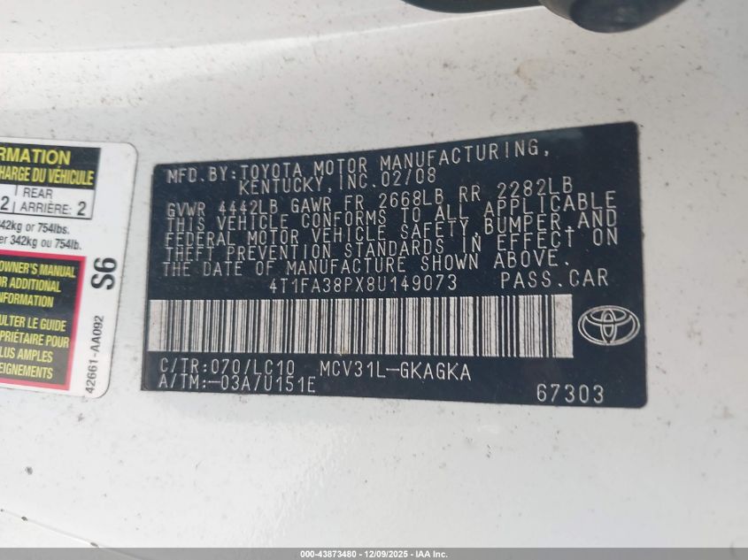 2008 Toyota Camry Solara Sle VIN: 4T1FA38PX8U149073 Lot: 43873480