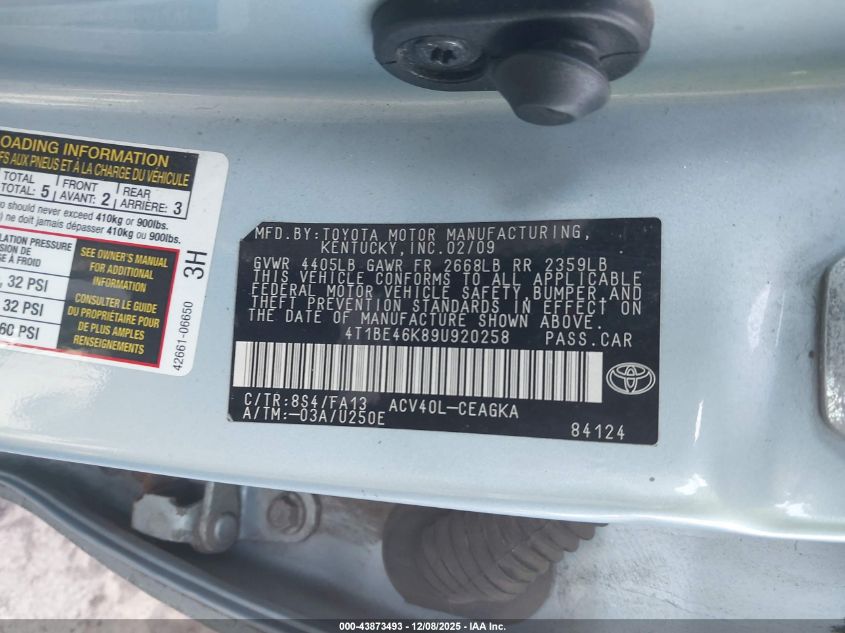 2009 Toyota Camry Xle VIN: 4T1BE46K89U920258 Lot: 43873493