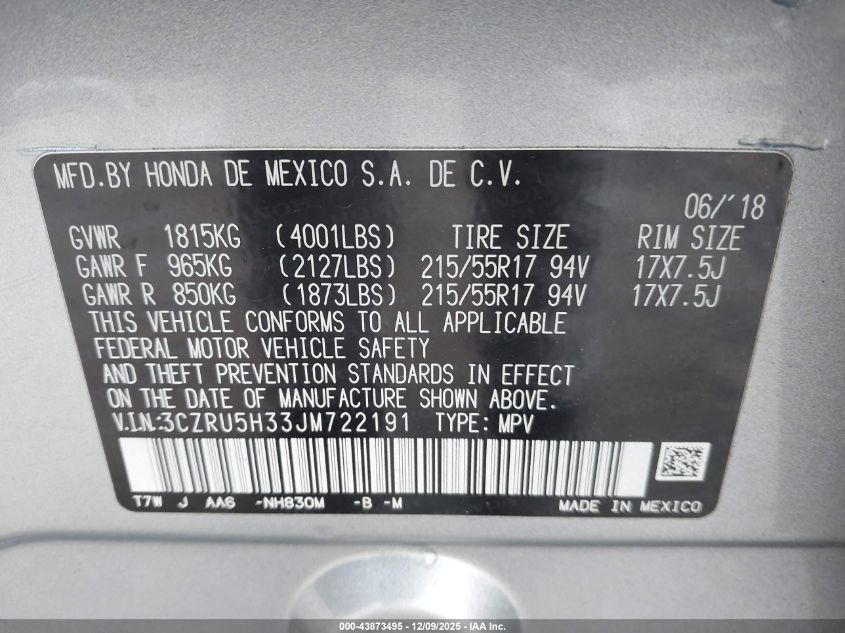 2018 Honda Hr-V Lx VIN: 3CZRU5H33JM722191 Lot: 43873495