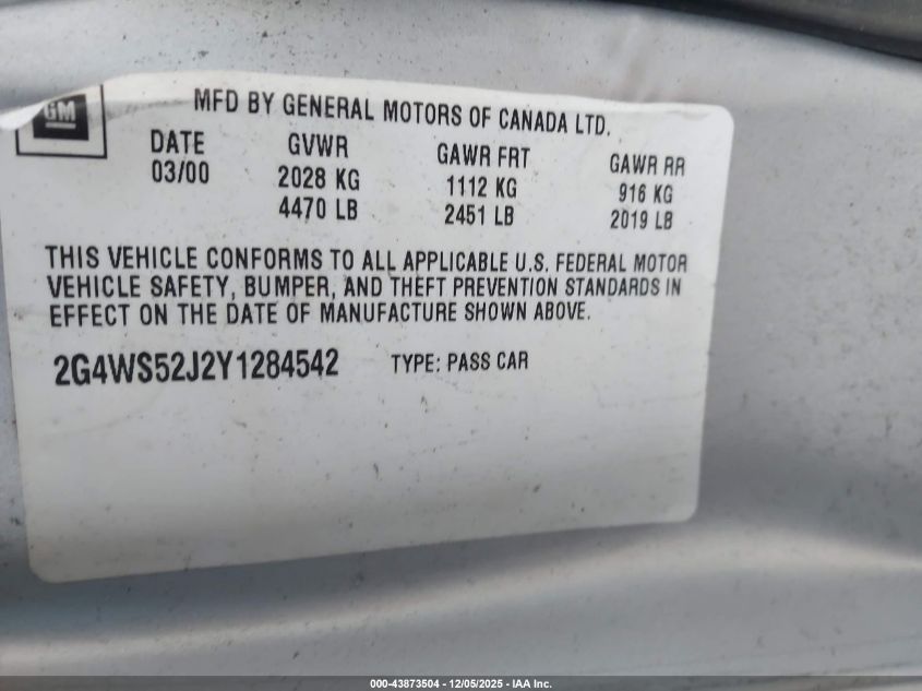 2000 Buick Century Custom VIN: 2G4WS52J2Y1284542 Lot: 43873504