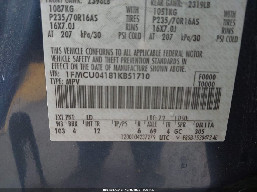 2001 Ford Escape Xlt VIN: 1FMCU04181KB51710 Lot: 43873512