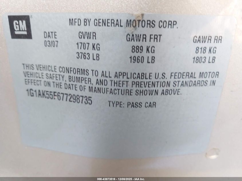 2007 Chevrolet Cobalt Ls VIN: 1G1AK55F677298735 Lot: 43873516