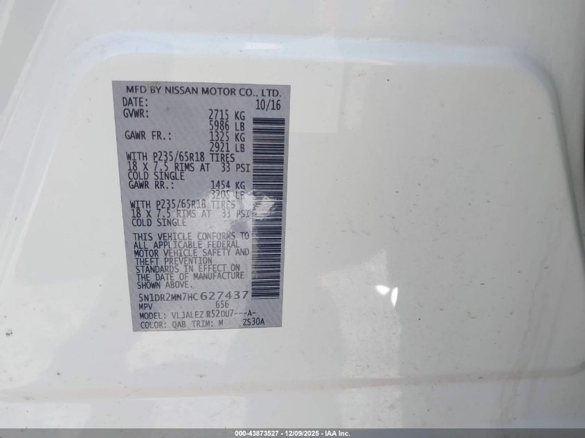 2017 Nissan Pathfinder Sv VIN: 5N1DR2MN7HC627437 Lot: 43873527