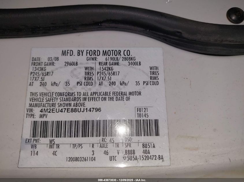 2008 Mercury Mountaineer VIN: 4M2EU47E88UJ14796 Lot: 43873530