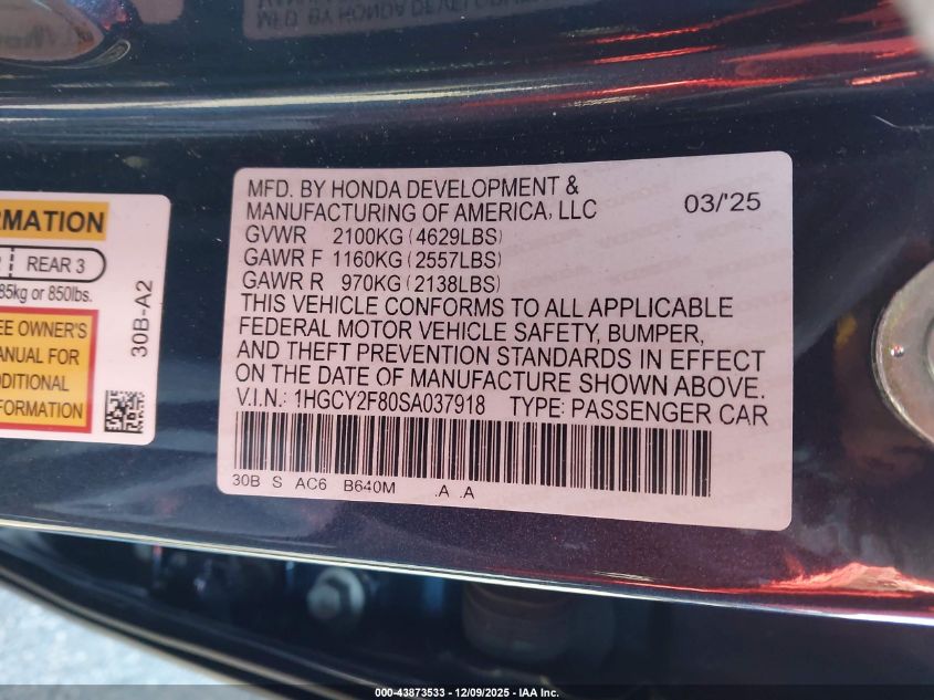 2025 Honda Accord Hybrid Touring VIN: 1HGCY2F80SA037918 Lot: 43873533