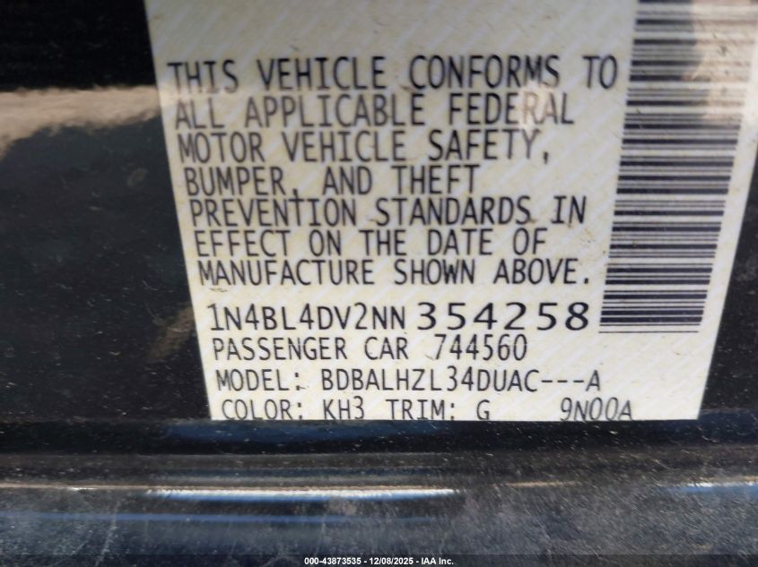 2022 Nissan Altima Sv Fwd VIN: 1N4BL4DV2NN354258 Lot: 43873535