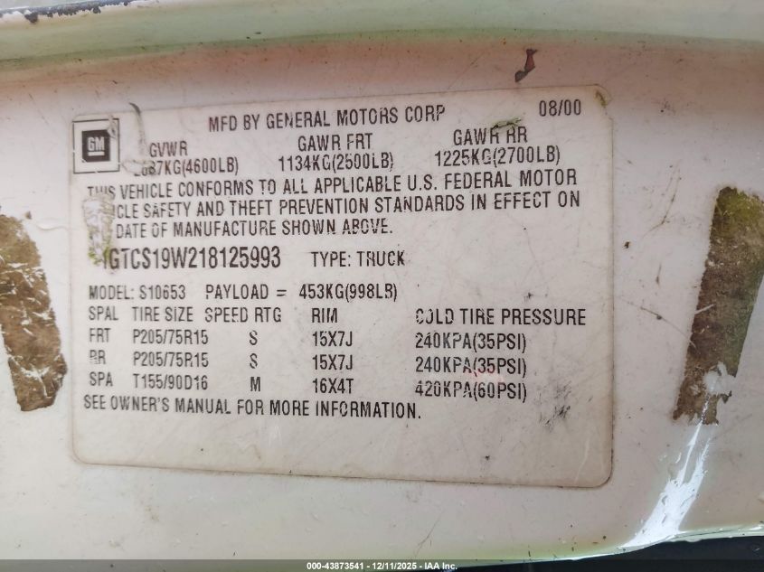 2001 GMC Sonoma Sls VIN: 1GTCS19W218125993 Lot: 43873541