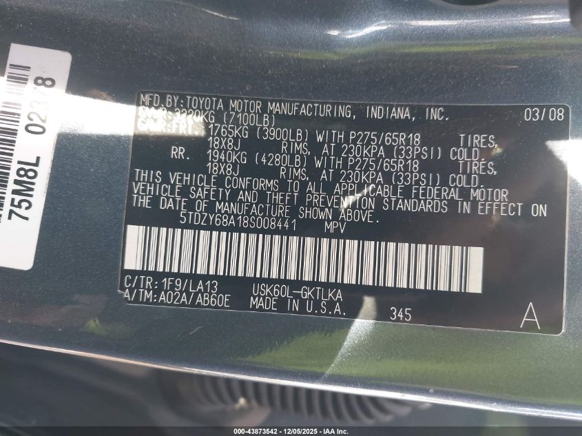 2008 Toyota Sequoia Limited 5.7L V8 VIN: 5TDZY68A18S008441 Lot: 43873542