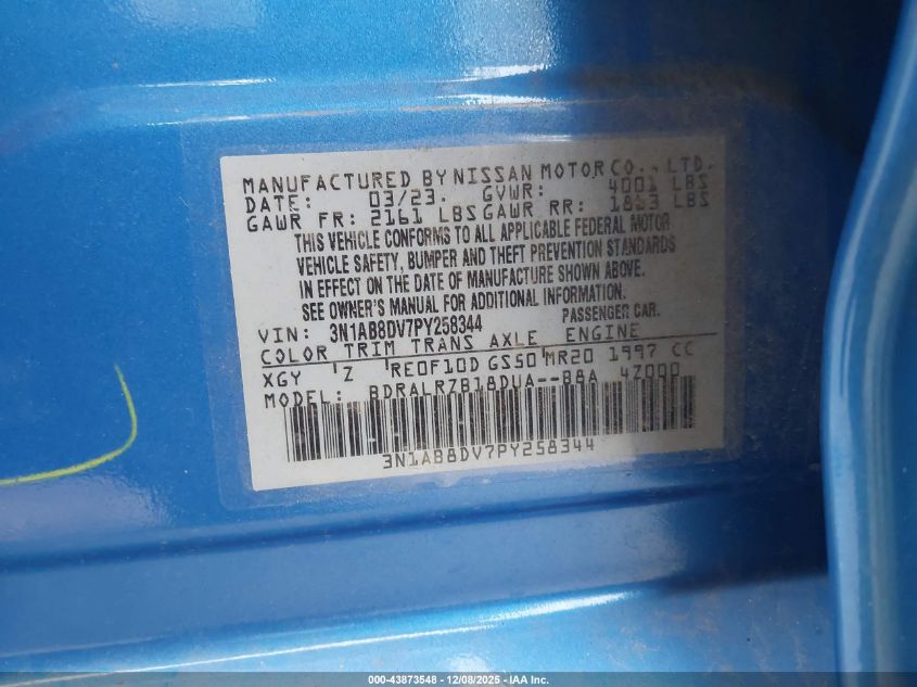 2023 Nissan Sentra Sr Xtronic Cvt VIN: 3N1AB8DV7PY258344 Lot: 43873548