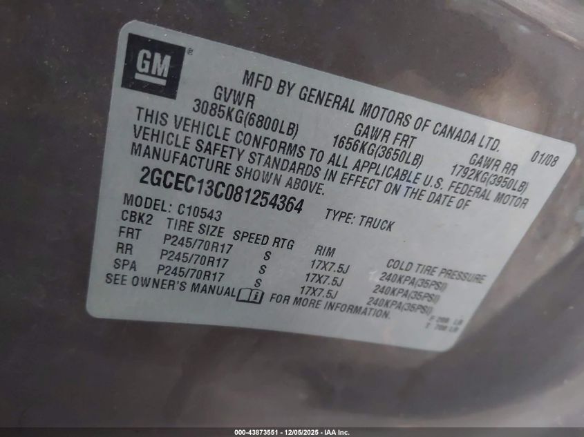 2008 Chevrolet Silverado 1500 Lt1 VIN: 2GCEC13C081254364 Lot: 43873551